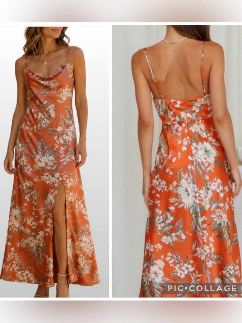 Paper Heart- Satin Floral Cowl Maxi Cocktail Dress in Orange w/ a high split